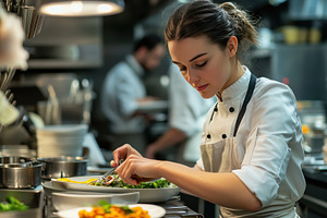Woman chef skillfully plating a dish, a Photo by Pavel_design