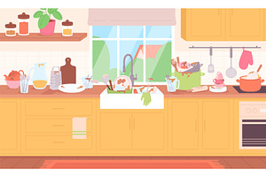 Dirty kitchen interior. Dishes after, an Object Illustration by LadadikArt