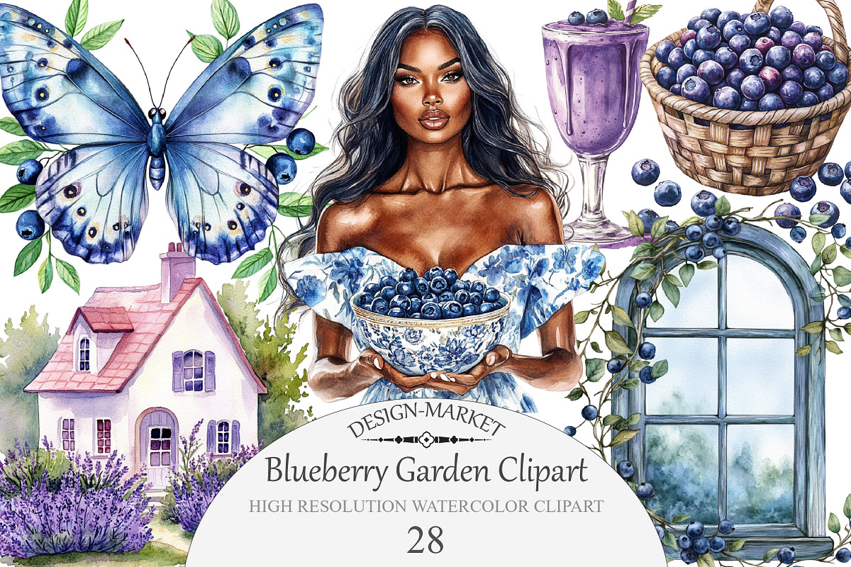 Watercolor Blueberry Garden Clipart, an Illustration by Design Market (Photo 1 of 3)