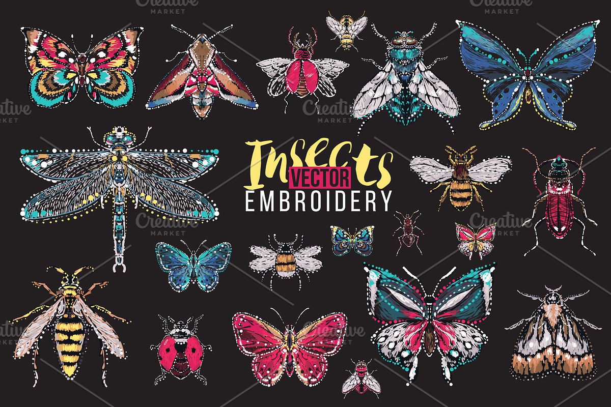 Embroidery Insects on Black. Vector, an Animal Illustration by Sopelkin (Photo 1 of 2)