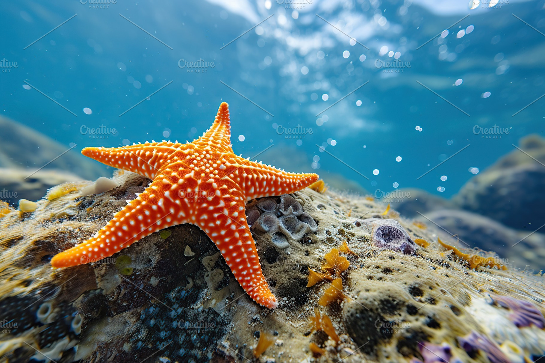 Orange sea star in clean underwater ocean, a Photo by AlyaAnd