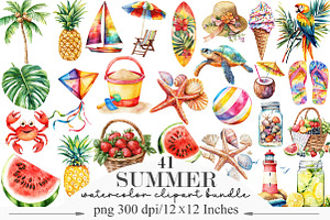 Watercolor Summer Clipart Bundle, an Illustration by Designking