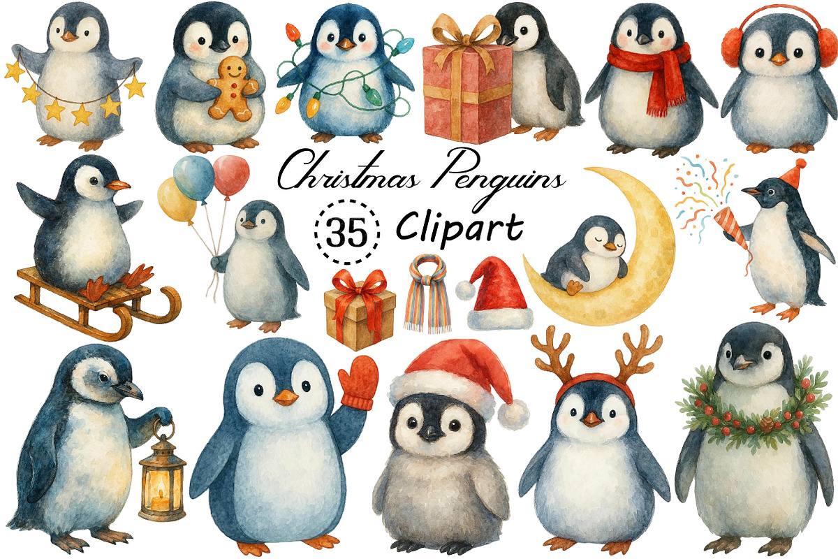 Watercolor Cute Christmas Penguins, an Illustration by Creative Art (Photo 1 of 10)