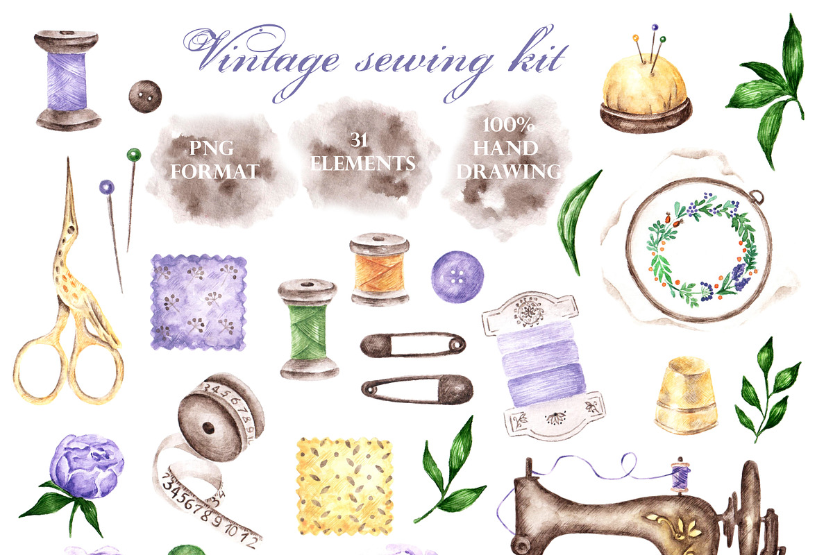 Sewing watercolor kit Sewing machine, an Illustration by SabinaWatercolorArt (Photo 2 of 14)