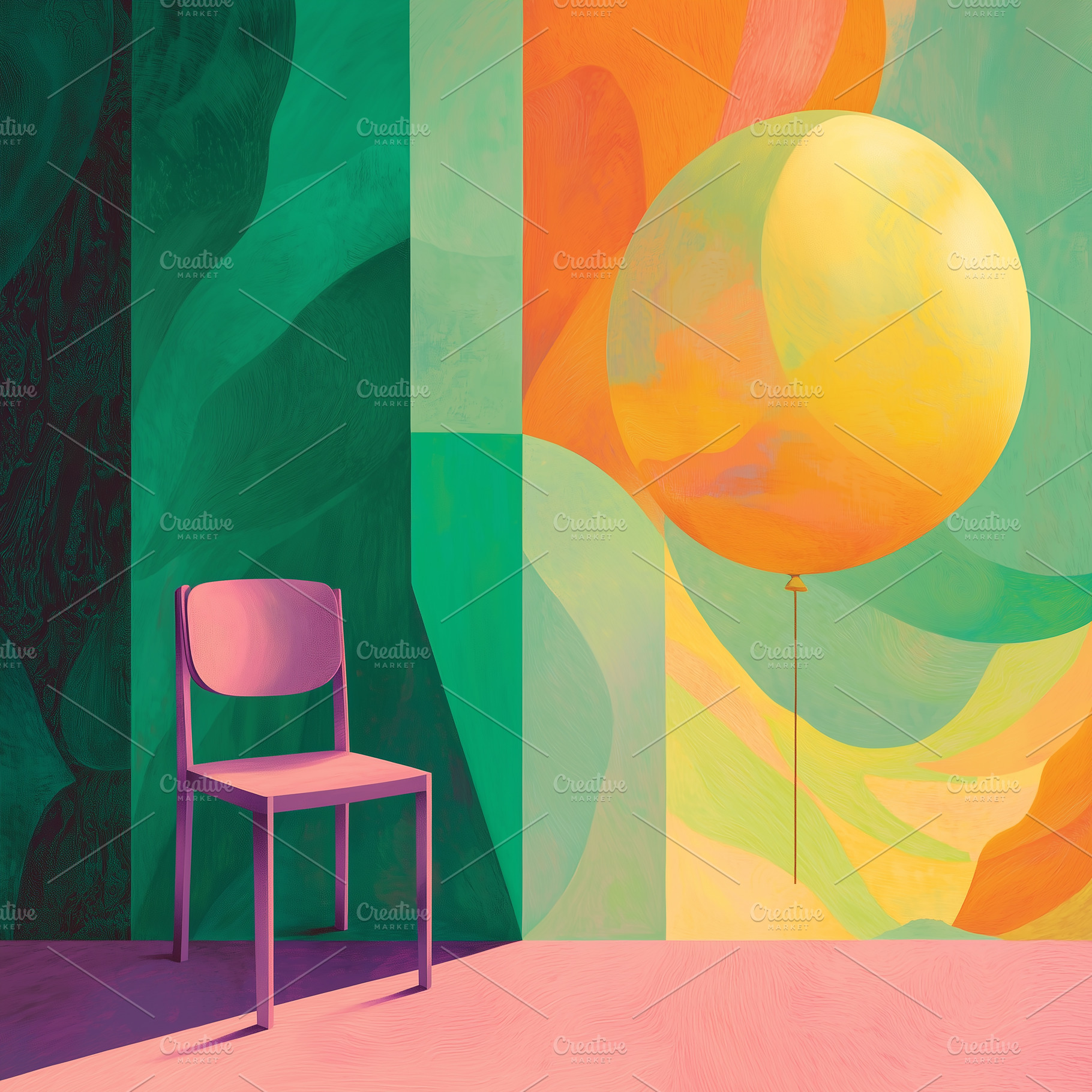 Raspberry chair and large orange, an Abstract Photo by Imaginarium