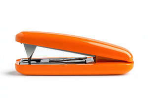 Bright orange stapler on white, a Photo by Pavel_design