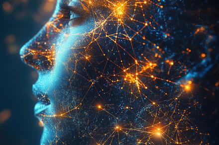 A digital representation of a woman's profile, overlaid with glowing network co, a Person Photo by Textures & Backgrounds