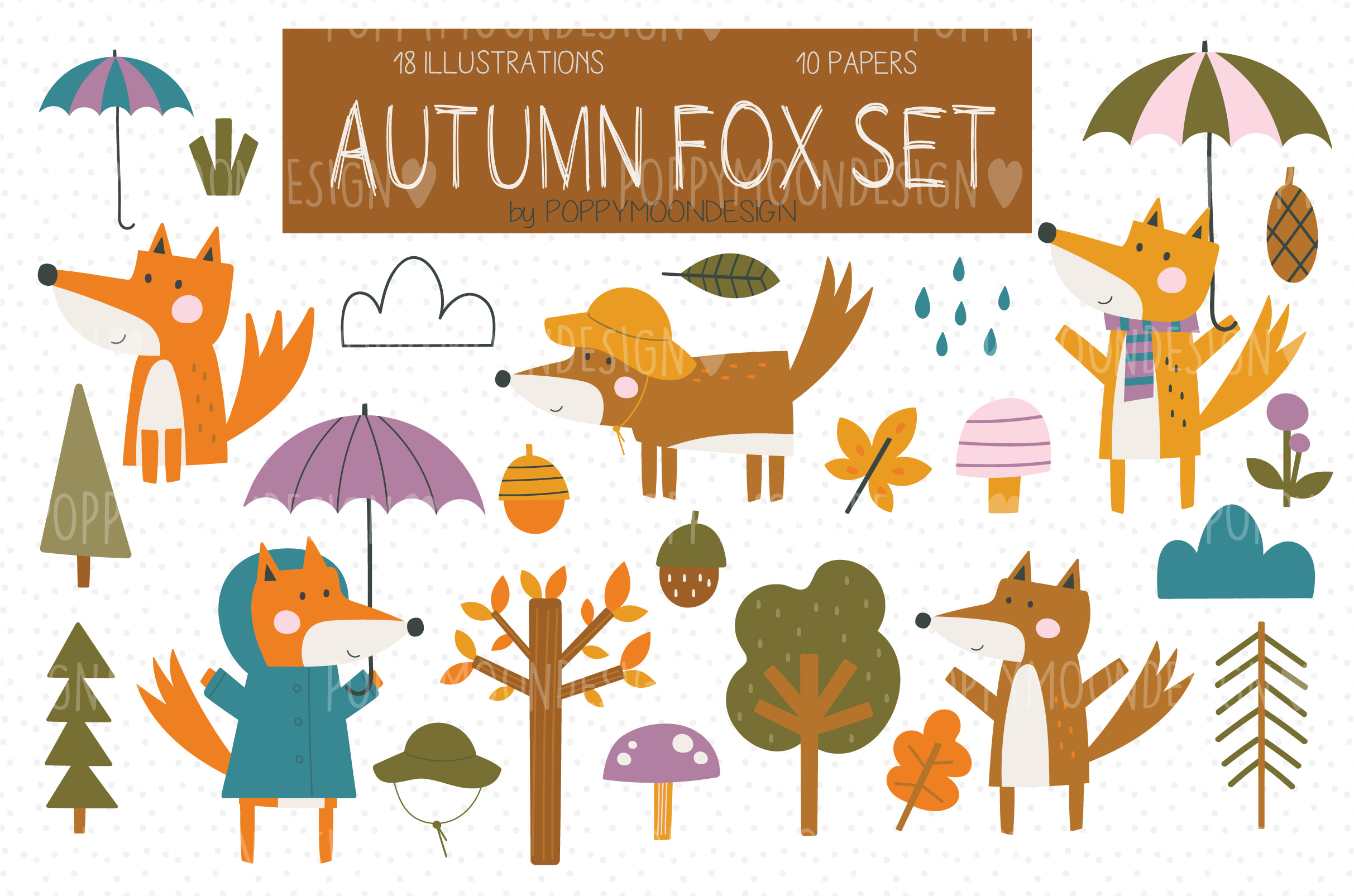 Autumn Fox set, an Animal Illustration by Poppymoondesign