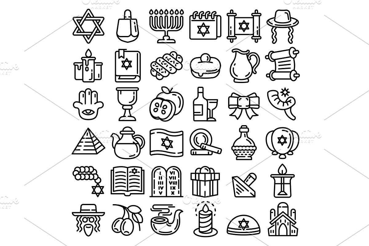 Hanukkah icon set, outline style, an Object Illustration by Ylivdesign