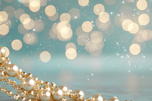 Golden and pearl beads with sparkling bokeh lights on blue festi, a Photo by Dvoevnore photos