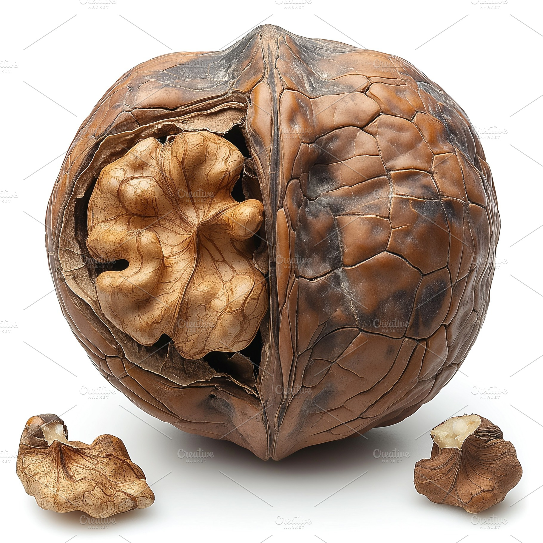 A beautifully cracked open walnut showcasing its intricate inner structure agai, a Background Photo by ImageMir
