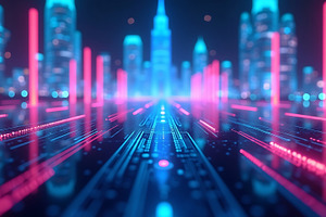 Futuristic city neon lights abstract, an Abstract Photo by Artonix