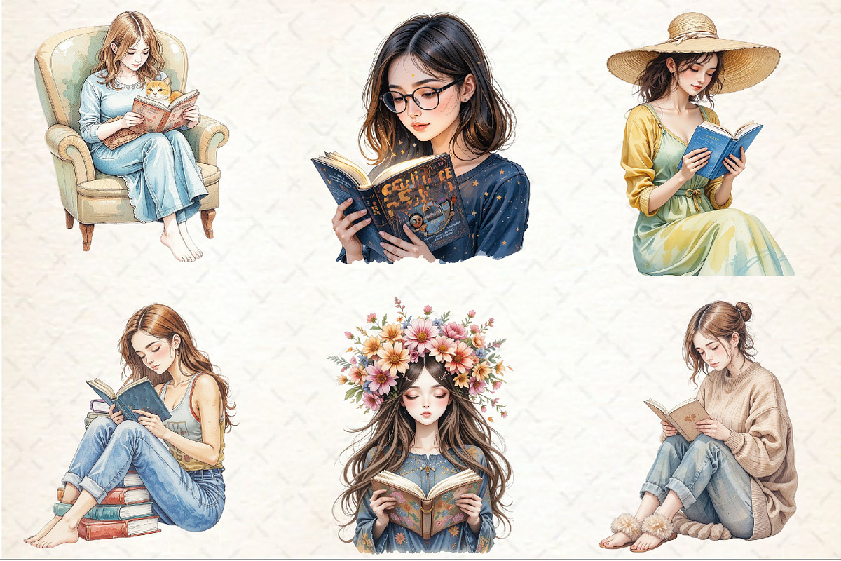 Watercolor Woman Reading Clipart, an Illustration by Rose Art (Photo 2 of 3)