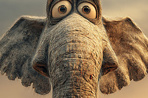 Whimsical close-up of a cartoon elephant with large eyes and exp, an Abstract Photo by Ales Munt