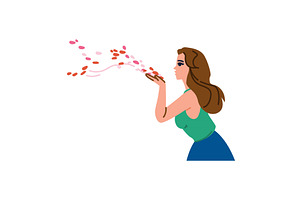Young woman blowing pink and red, an Illustration by pikepicture