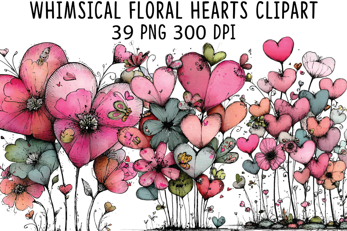 Whimsical Floral Hearts Clipart, an Illustration by CraftArtStudio (Photo 1 of 6)
