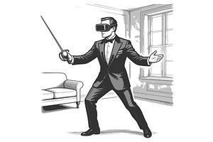 Man fencing with VR headset indoors, a Person Illustration by AlexArt