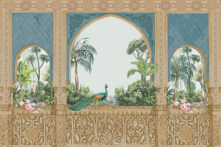 Traditional Andalusian garden design, a Decorative Illustration by Mughal Wallpaper