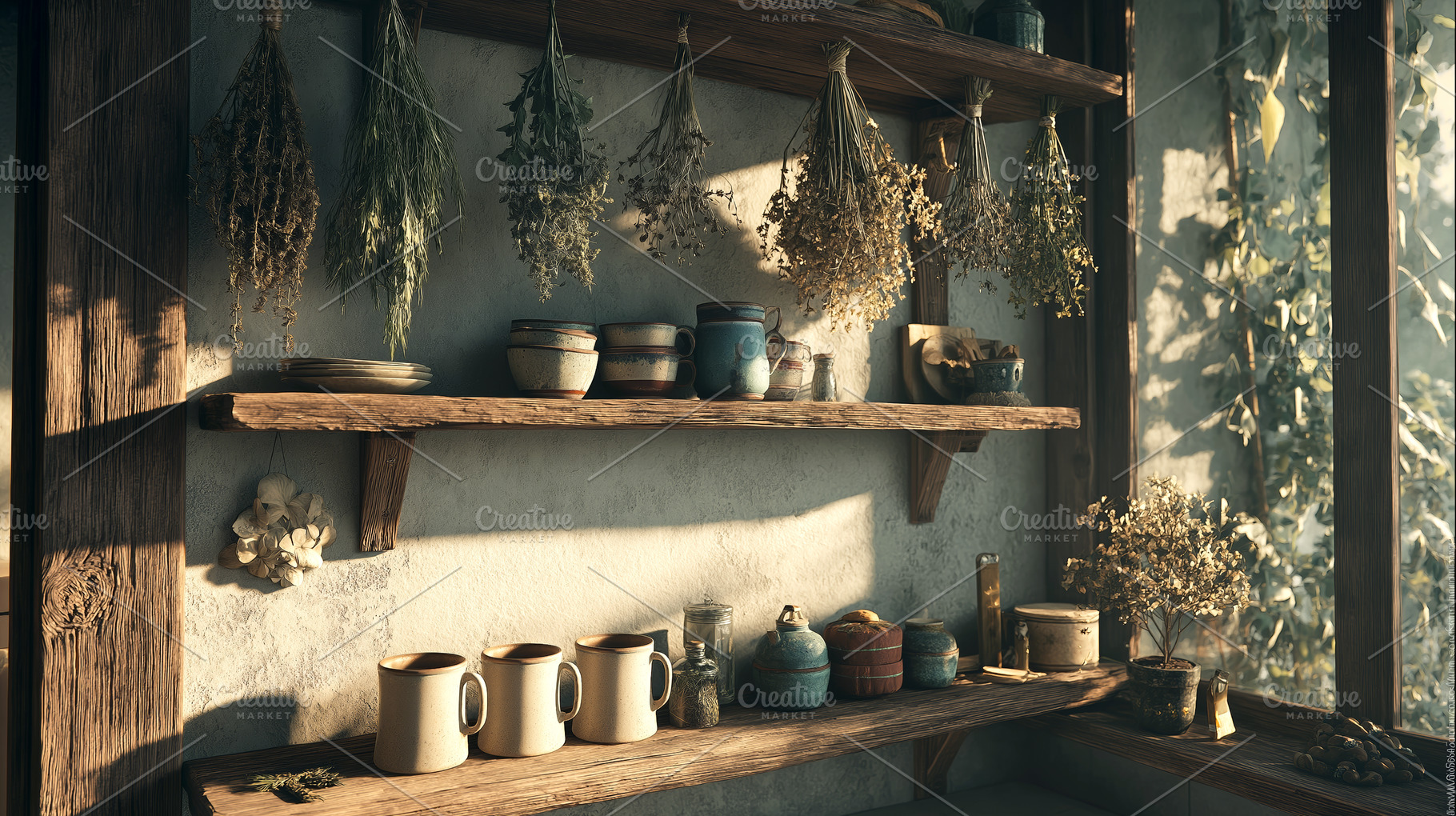 Rustic Kitchen Shelves, an Architecture Photo by Ocean Digital Art