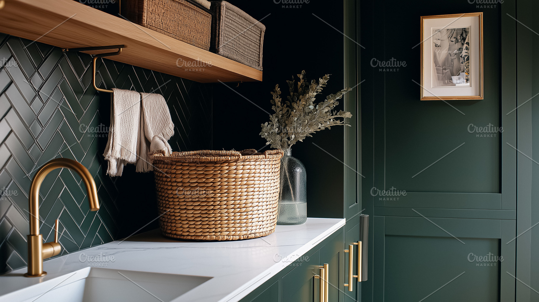 Laundry room interior featuring a dark green color scheme, herringbone tile bac, an Architecture Photo by Studio ANNA
