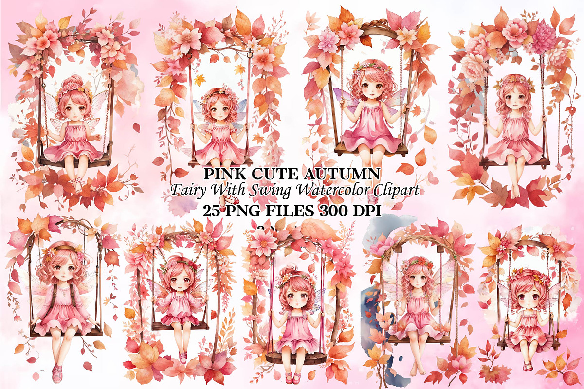 Pink Cute Autumn Fairy with Swing, a Seasonal Illustration by Craft Nest (Photo 1 of 5)