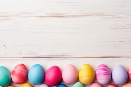Colorful easter eggs on wooden background, a Holiday Photo by AlyaAnd