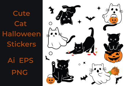 Cute cat Halloween stickers pack