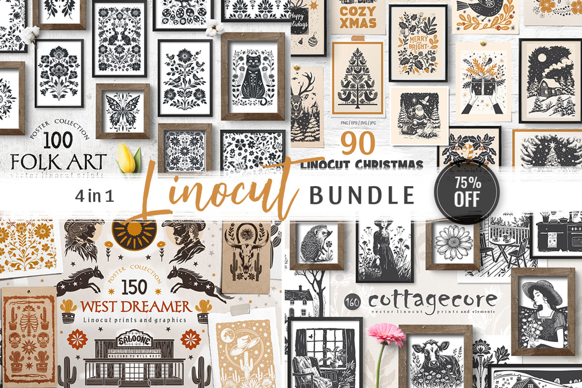 4 in 1 Linocut Vector Bundle, an Object Graphic by DariSmartArt (Photo 1 of 17)