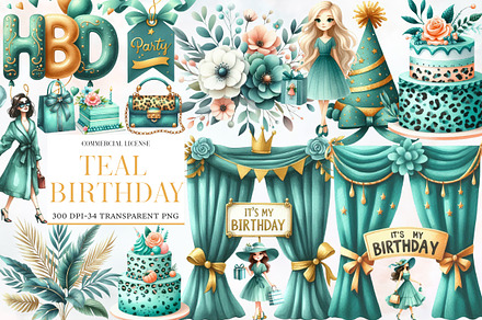 Teal Birthday Sublimation Clipart