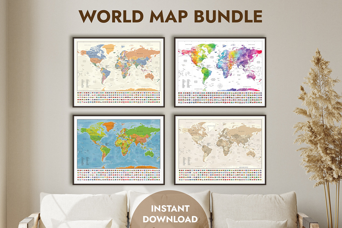 World Map Poster Bundle with Flags, an Education Illustration by AdrianDragne (Photo 1 of 11)