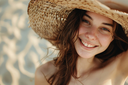 Glowing Seaside Serenity: Woman with Straw Hat Smiling - Generative AI, a Person Photo by José Manuel Gelpi