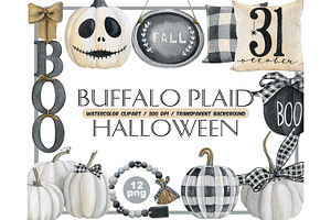 Watercolor buffalo plaid halloween