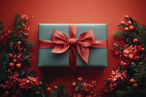 Gift box with ribbon bow for Valentine's Day holiday and fir tree branches, a Holiday Photo by AlyaAnd