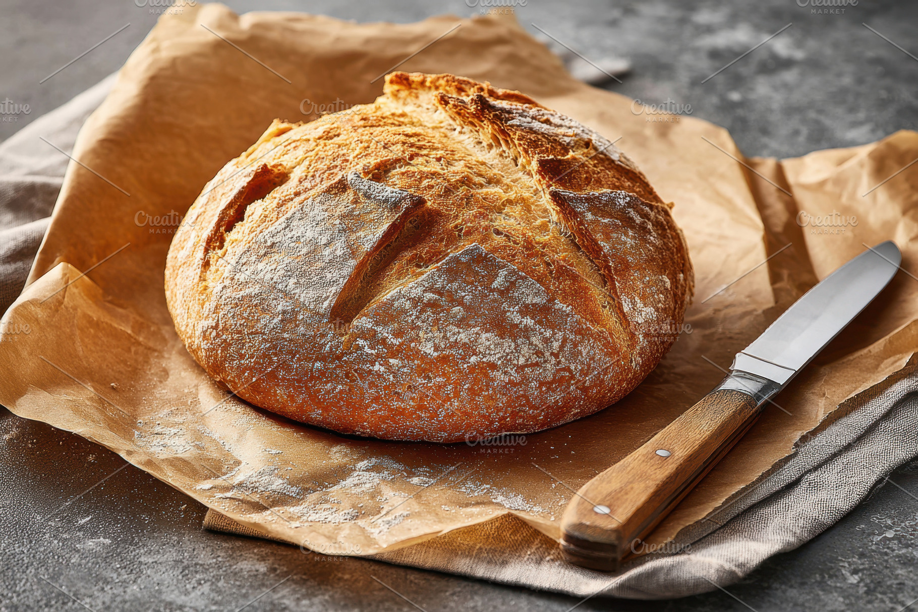 Freshly baked round loaf of bread, a Food & Drink Photo by AlyaAnd