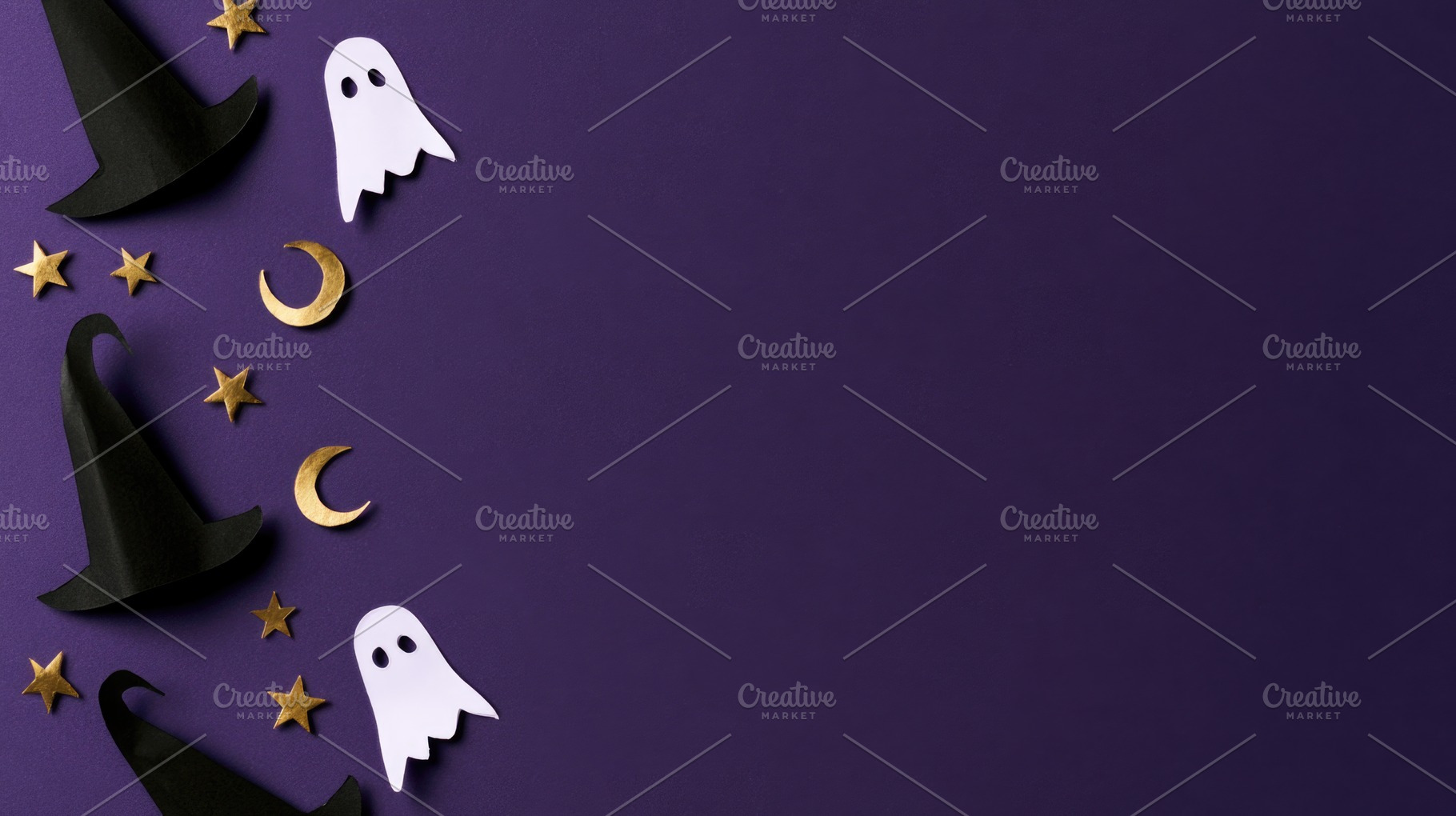 Halloween witch hats and ghosts on purple background, an Abstract Photo by José Manuel Gelpi