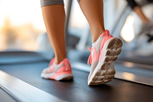 Legs in running shoes on treadmill during morning workout at gym, a Sports & Recreation Photo by AlyaAnd