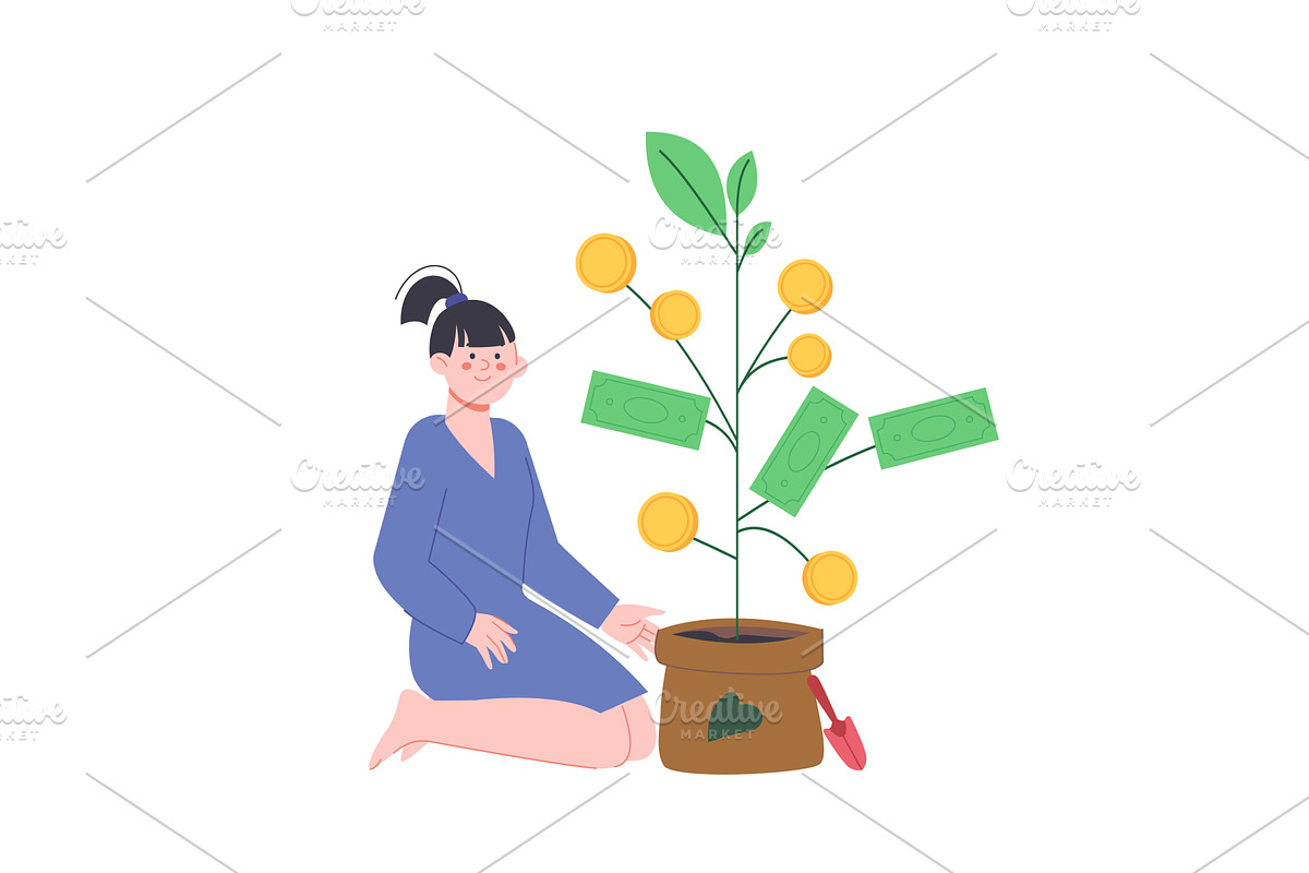 Girl growing money tree. Investment, a Finance Illustration by LadadikArt