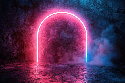 Colorful neon arch illuminated in a, a Photo by Tanuart