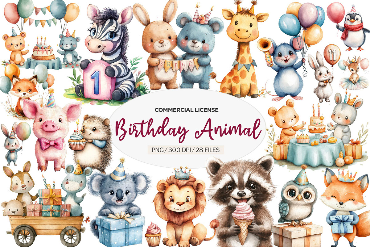 Birthday Baby Animal Clipart, Birthd, an Illustration by CreationArt (Photo 1 of 5)