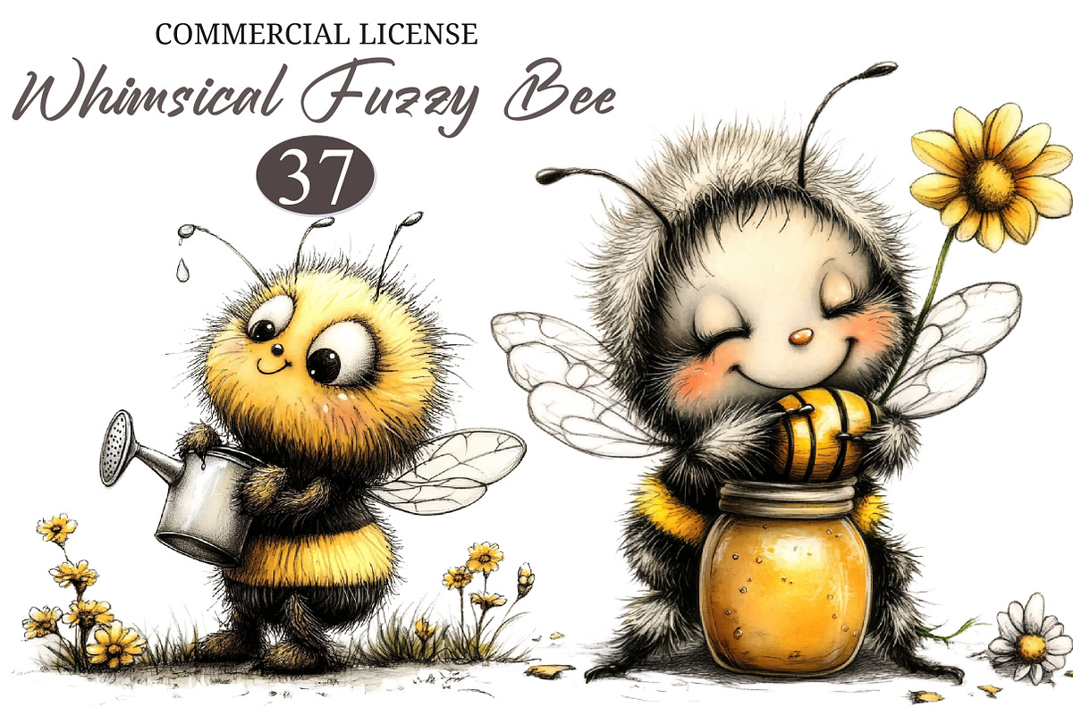 Whimsical Fuzzy Bee PNG Clipart Bund, an Illustration by designcity5 (Photo 1 of 5)