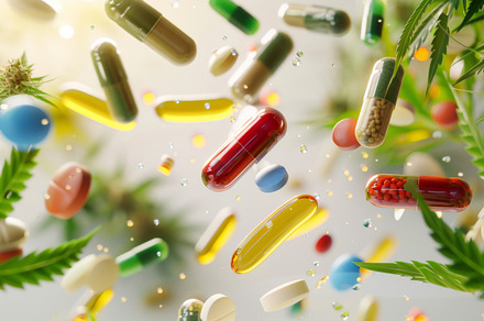 Colorful pills and cannabis leaves scattered on white background, a Photo by Dvoevnore photos