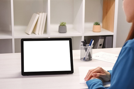 Virtual meeting video woman tablet office desk, a Technology Photo by Photo Drive Studio