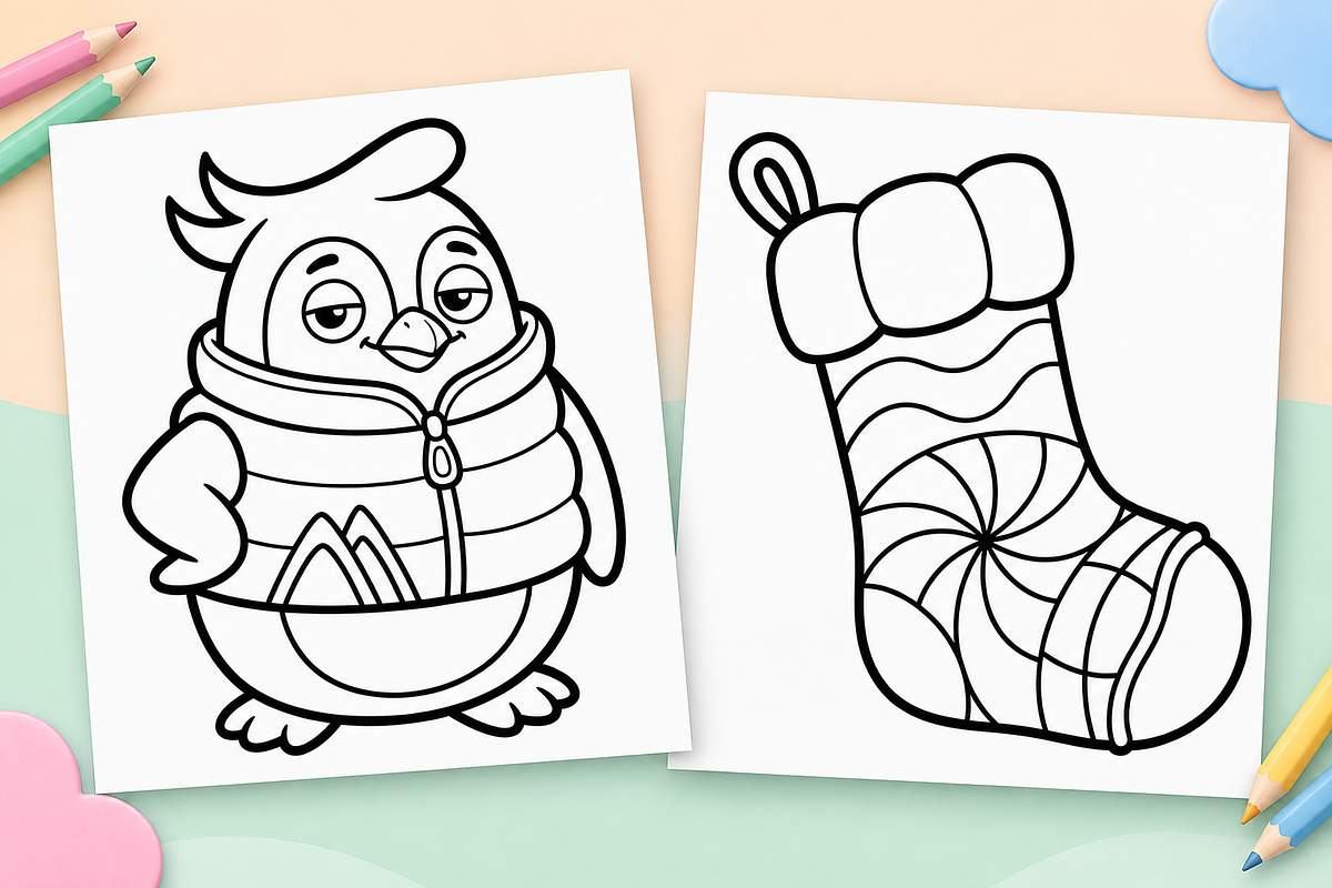 Christmas Coloring Pages for Kids #2, a Seasonal Illustration by Inkivelle Studio (Photo 2 of 3)