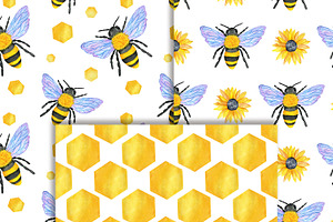 Watercolor Bee Clipart & Patterns