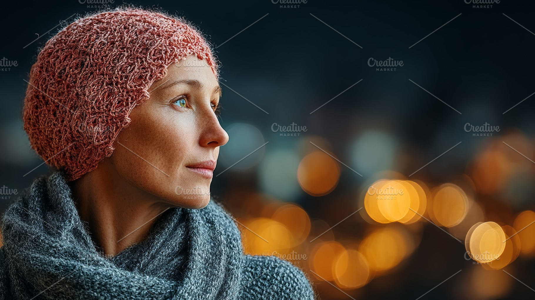 Woman with cancer wearing knitted hat gazing into distance with city lights bac, a Photo by AS photostudio