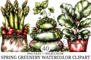 Spring Greenery Watercolor Clipart, an Illustration by designcity5