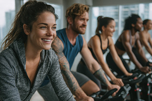 Happy woman in spin class fitness wo, a Photo by Pixeness Studio