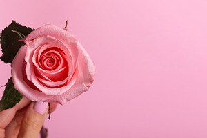 Close-up of a hand holding a single pink rose against a soft pas, a Beauty & Fashion Photo by Ales Munt