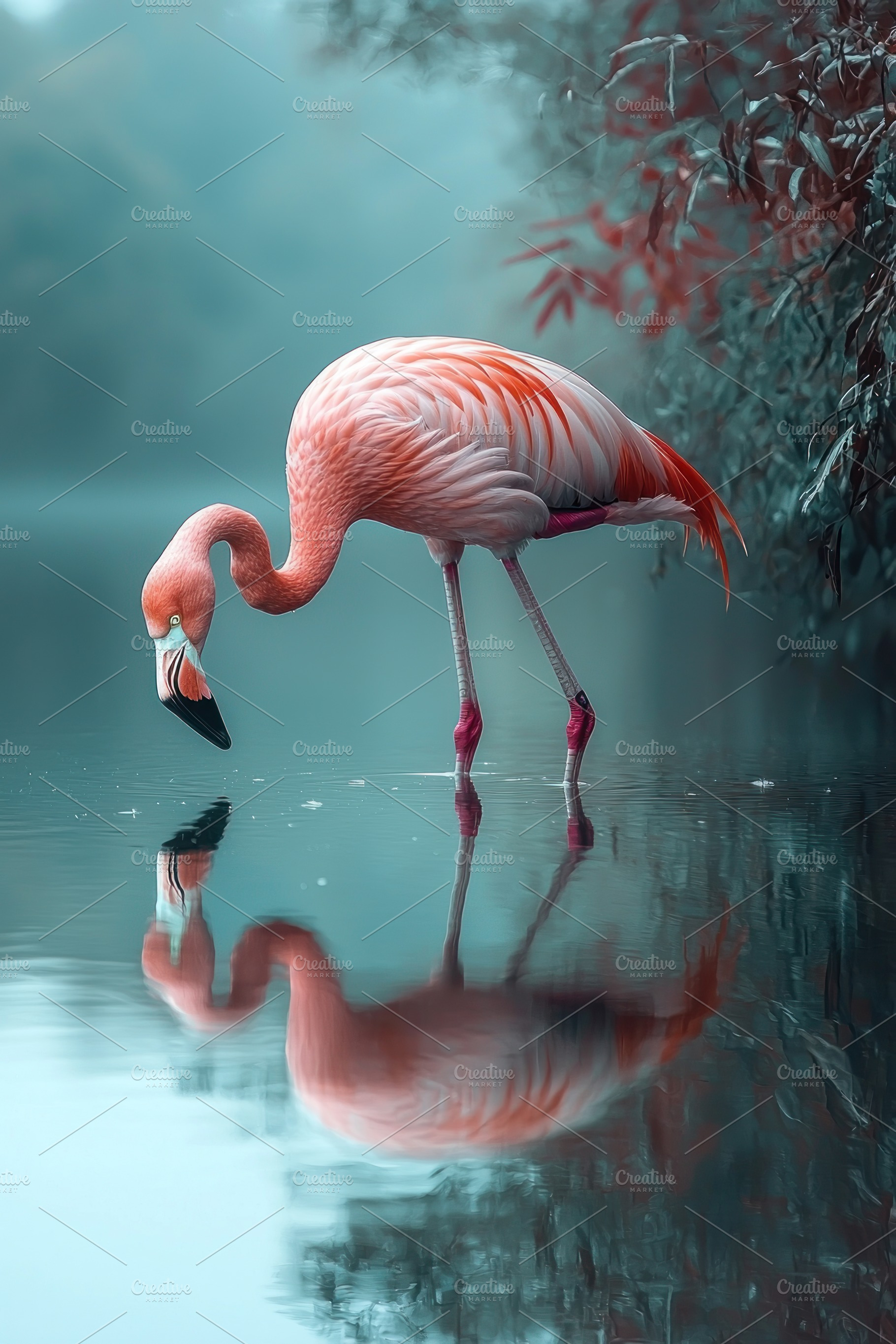 Graceful pink flamingo bending to drink from still water with vi, an Animal Photo by José Manuel Gelpi