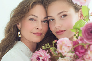 Mother and daughter embracing with beautiful flowers, celebratin, a Photo by Studio ANNA